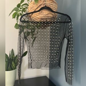 Mesh jewel and pearl long sleeve top